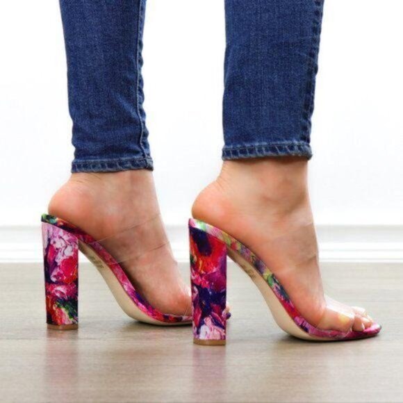 Clear Strappy Chunky High Heel Slider Sandal - Picture 4 of 8